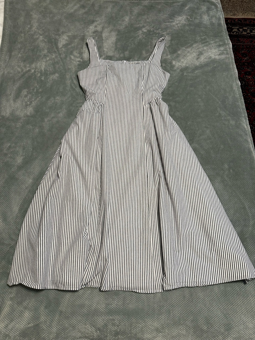 WAYF White Midi Dress with Dark Grey Vertical Stripes